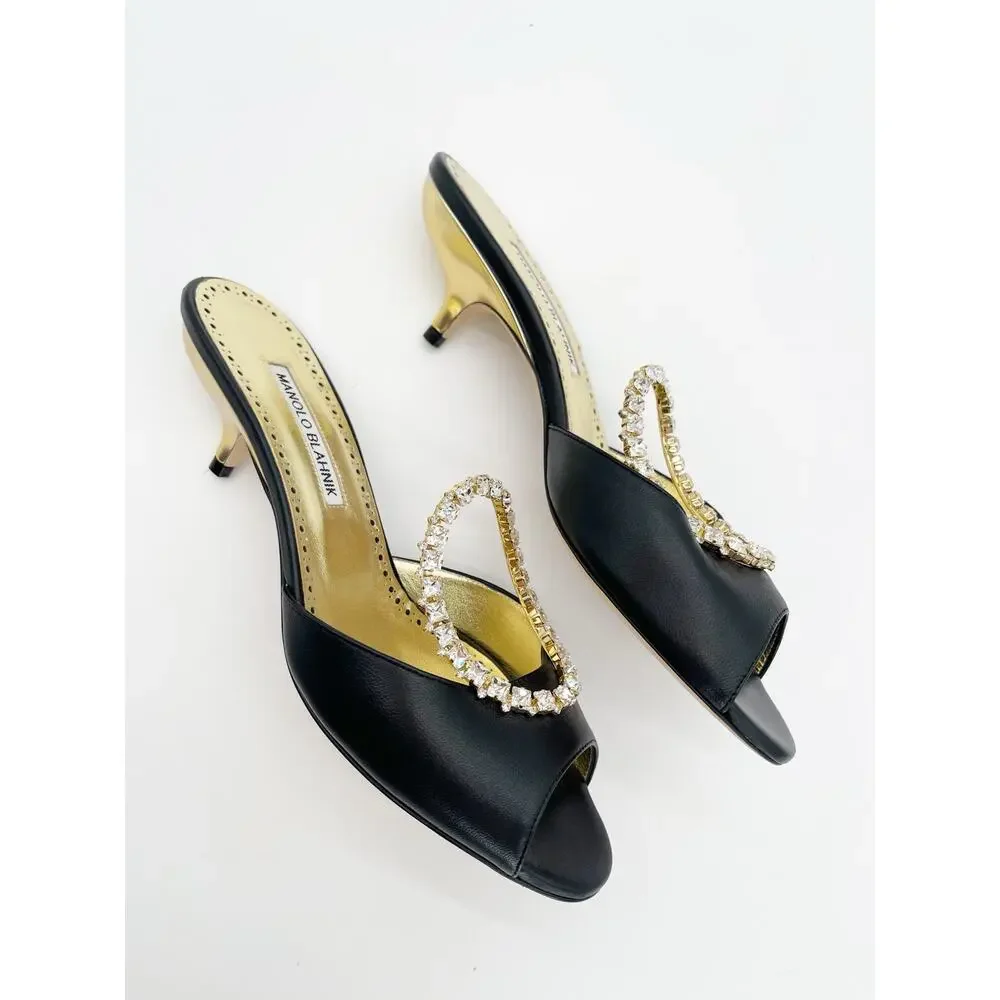 Manolo Blahnik Astria Black Gold Leather Crystal Ring Slide Mule Sandals IT 39